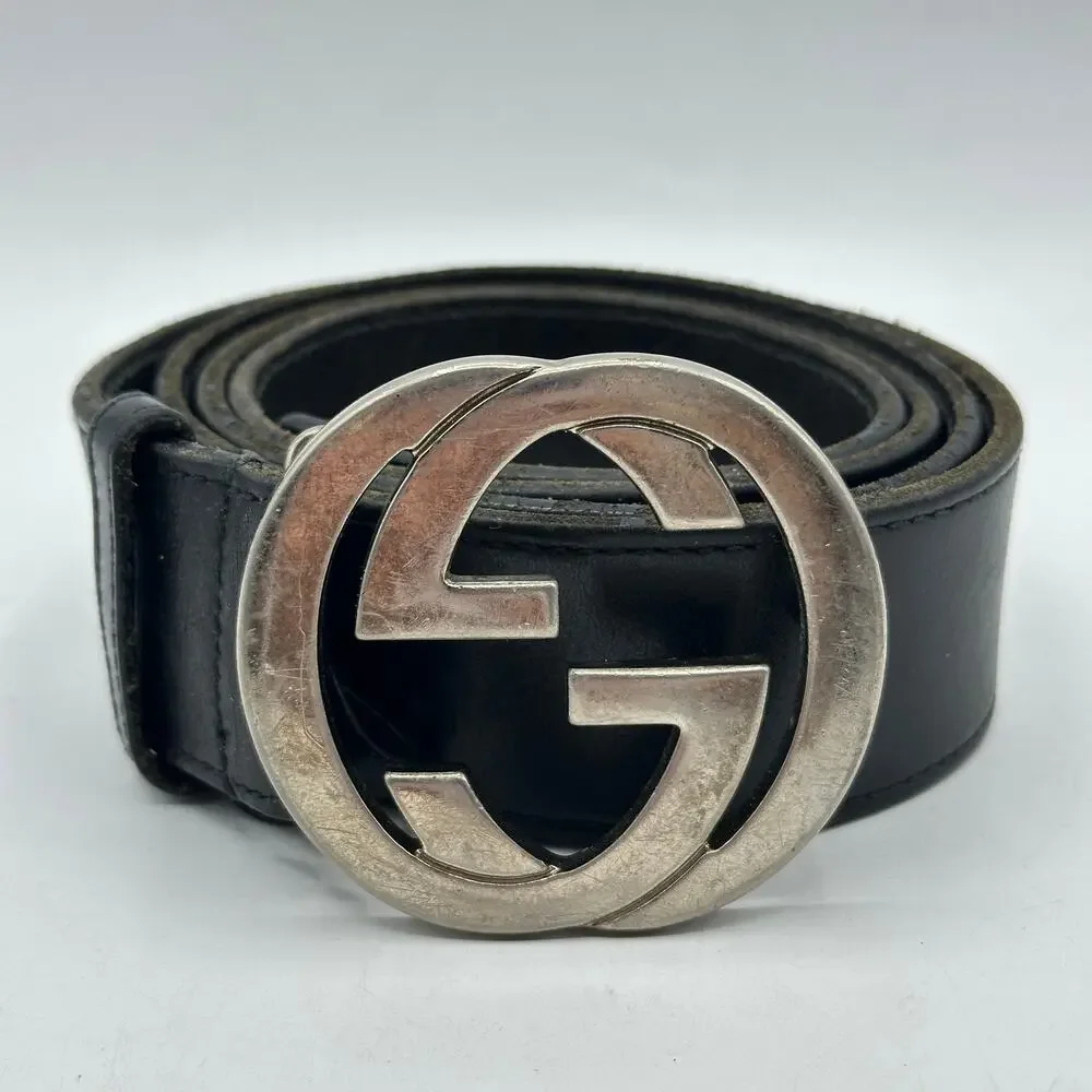 GUCCI Interlocking GG Buckle Leather Silver Black Sz 100/40 $595